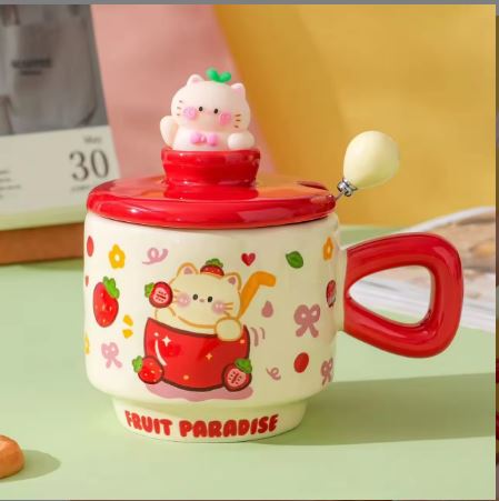 Fruit Paradise Kawaii Cat Ceramic Mug with Lid & Spoon