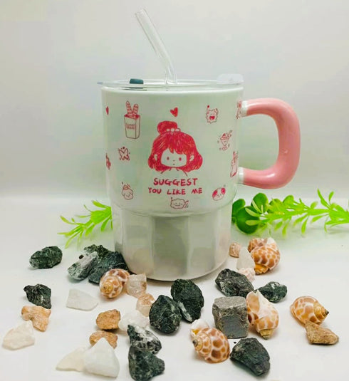 Kawaii Cartoon Insulated Ceramic Tumbler with Straw & Lid