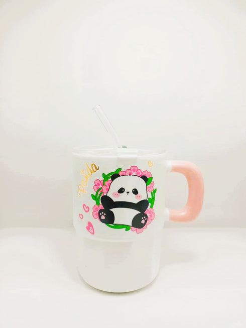 Kawaii Panda Tumbler – Ceramic Mug with Lid & Glass Straw