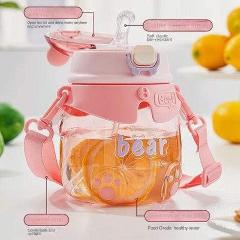 Kawaii Bear Water Bottle with Straw & Strap - 1000ml BPA-Free Big Belly Bottle for Kids & School