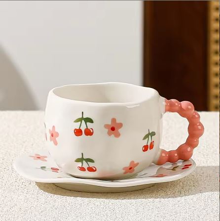 Cherry Spiral Handle Ceramic Mug and Saucer Set
