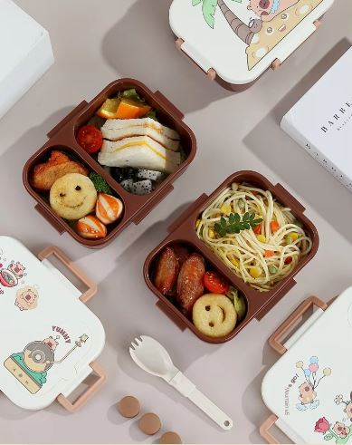 Cute Bento Lunch Box for Kids | 2-Compartment Leakproof Food Container with Spoon