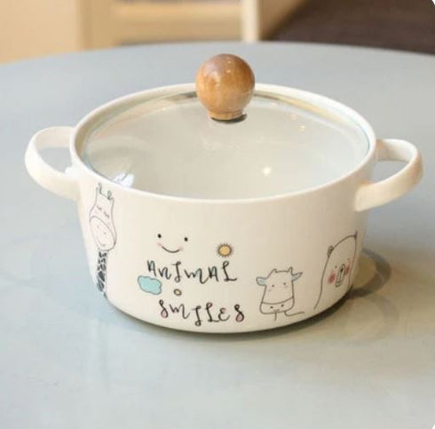 Cartoon Animal Ceramic Ramen Bowl with Glass Lid & Double Handles