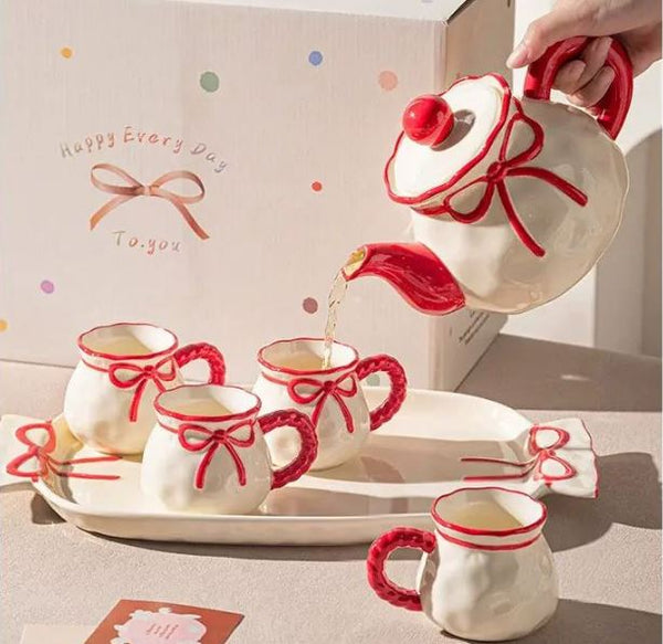 Luxury Ribbon Ceramic Tea & Coffee Gift Set – 6-Piece Porcelain Set with 3D Bow Knots