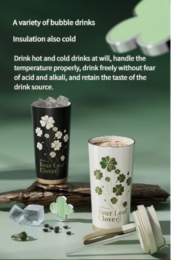 Four-Leaf Clover Insulated Coffee Tumbler – 500ml Stainless Steel Travel Mug with 2-Way Lid, Straw & Strap