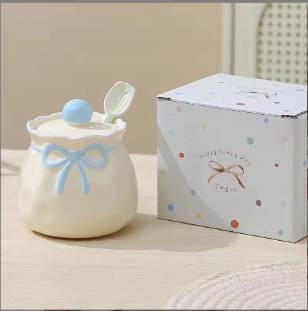 Ribbon Bow Ceramic Sugar Bowl with Spoon & Lid – Coquette Aesthetic Spice Jar