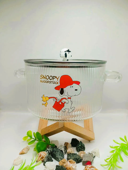 Borosilicate Glass Ramen Bowl with Lid | Snoopy Character Glass Serving Dish for Salads & Fruit | Fluted Glass Tableware