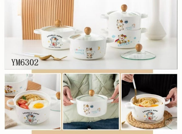 Lovely Cow Ceramic Ramen Bowl with Glass Lid