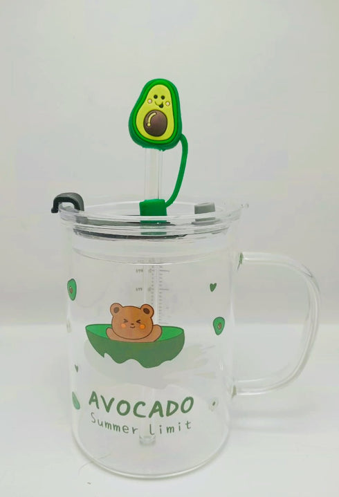 Cute Avocado Glass Mug with Lid and Straw