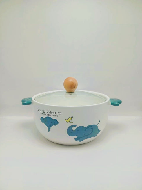 Cute Elephant Ceramic Ramen Bowl with Glass Lid & Wooden Knob