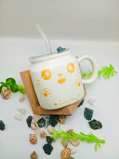 Cute Ceramic Cat Mug with Lid and Glass Straw – 350ml Kawaii Coffee Cup