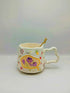Hand-Painted Floral Ceramic Coffee Mug with Gold-Tone Spoon | Irregular Wavy Edge & Handle