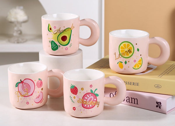 Kawaii Hand-Painted Ceramic Fruit Mug with Chunky Handle