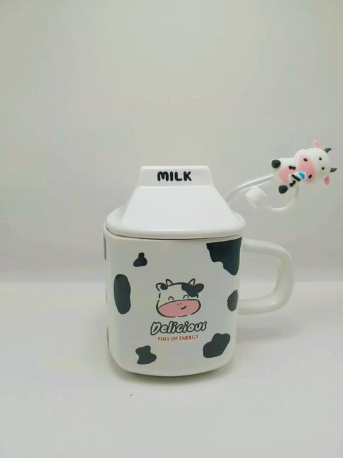 Modern 3D Cow Pattern Ceramic Mug with Lid and Glass Straw