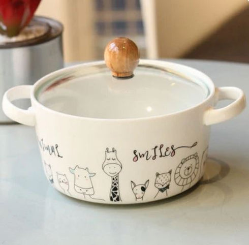 Cartoon Animal Ceramic Ramen Bowl with Glass Lid & Double Handles