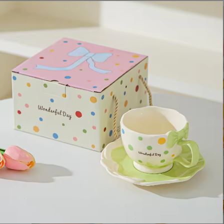 Luxury Pastel Polka Dot Tea Cup Set with Bow Handle – Ceramic Coffee Mug & Saucer Gift Box