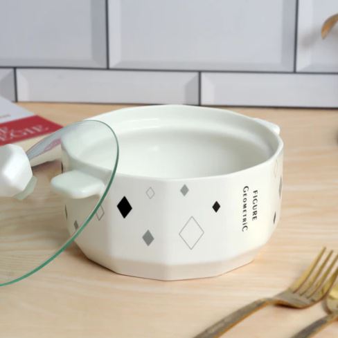 Nordic Geometric Ceramic Ramen & Serving Bowl with Glass Lid