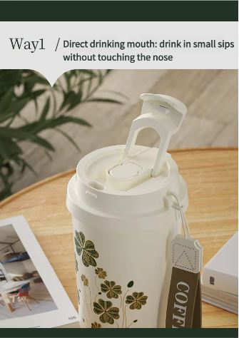 Four-Leaf Clover Insulated Coffee Tumbler – 500ml Stainless Steel Travel Mug with 2-Way Lid, Straw & Strap