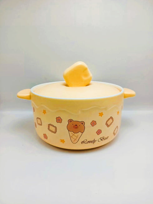 Bear Cheese Ceramic Ramen Bowl with Lid - 1000ml Porcelain Soup & Noodle Bowl with Handles