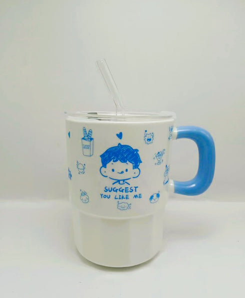 Kawaii Cartoon Insulated Ceramic Tumbler with Straw & Lid