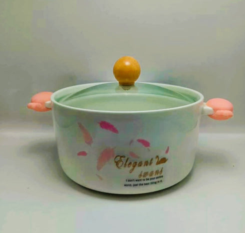 Elegant Ceramic Noodle Bowl with Glass Lid - 730ml Aesthetic Soup Pot with Heat-Resistant Handles