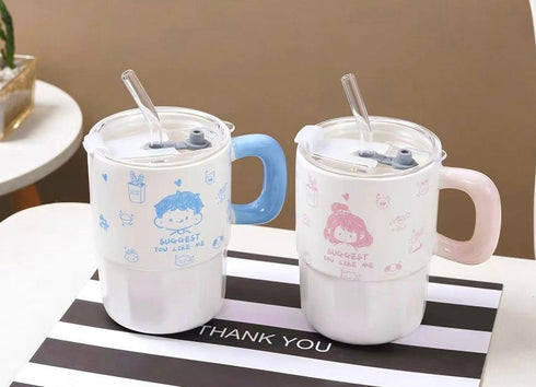Kawaii Cartoon Insulated Ceramic Tumbler with Straw & Lid