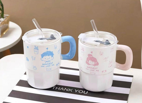 Kawaii Cartoon Insulated Ceramic Tumbler with Straw & Lid
