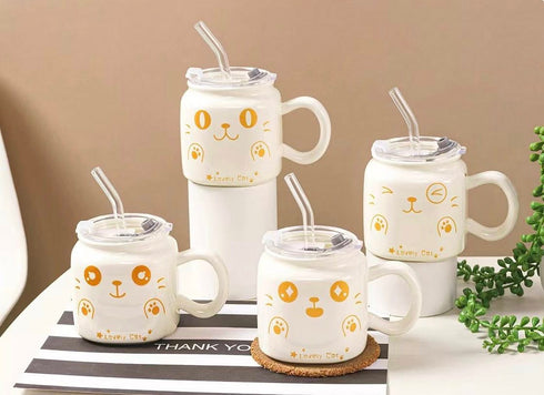 Cute Ceramic Cat Mug with Lid and Glass Straw – 350ml Kawaii Coffee Cup