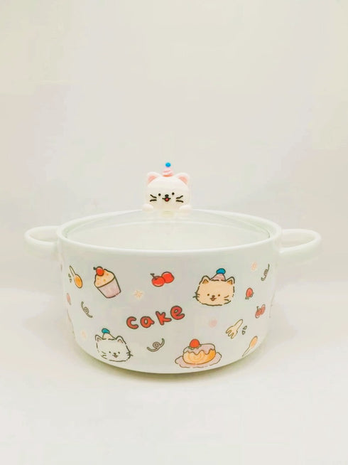 Kawaii Ceramic Cat Ramen Serving Bowl with Glass Lid & Double Handles