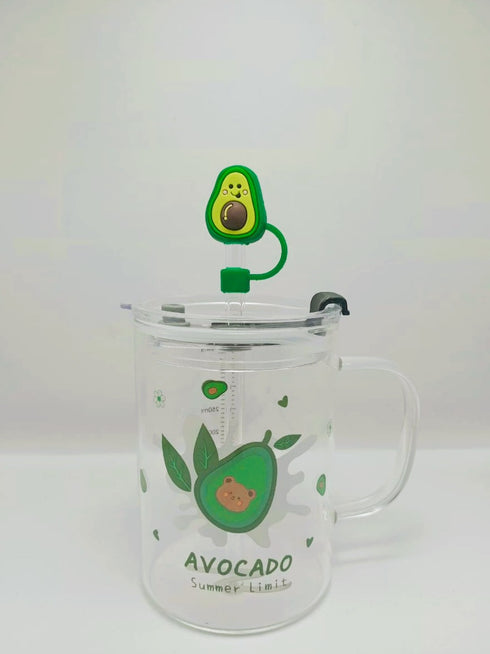 Cute Avocado Glass Mug with Lid and Straw