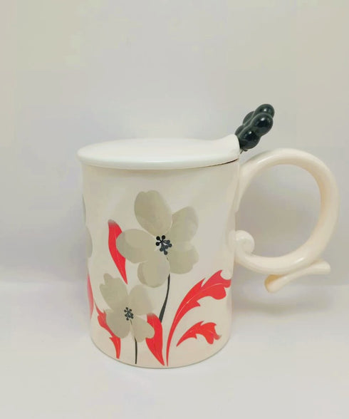 3D Relief Tulip Ceramic Mug Set with Lid and Floral Spoon – Vintage Handmade Coffee Cup