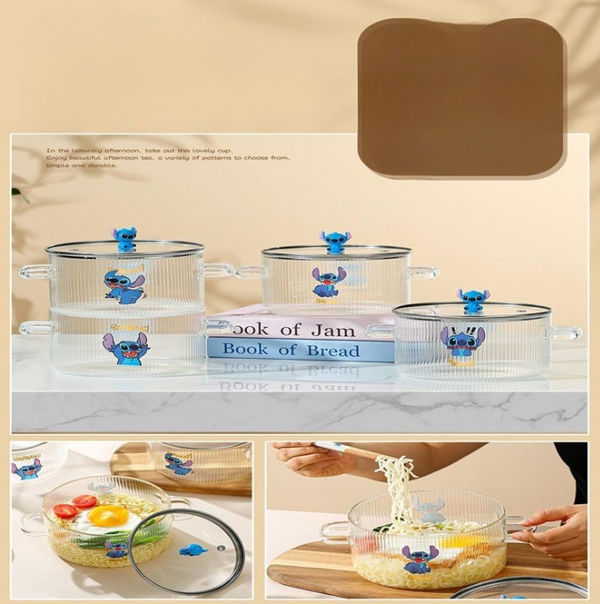 Stitch Glass Ramen Bowl with Lid and Handles