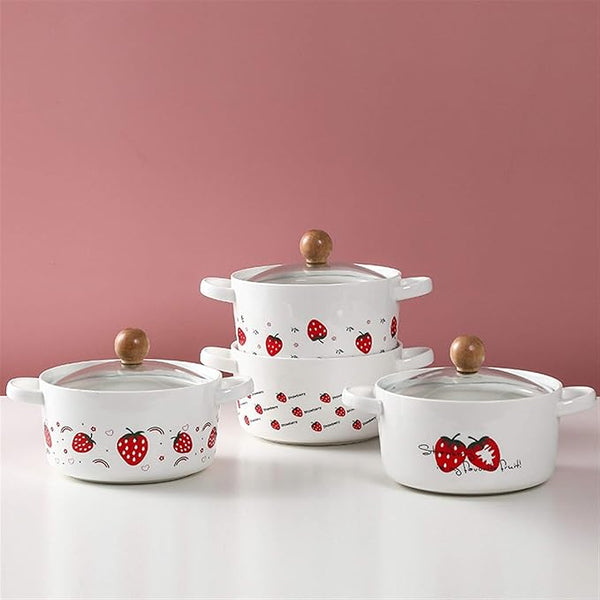 🍓 Kawaii Strawberry Ceramic Soup & Noodle Bowl with Glass Lid