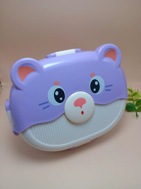 Cute Cartoon Bear Kids Bento Lunch Box – 3-Compartment Leakproof Plastic Tiffin Box with Spoon & Fork Set, BPA-Free Microwavable Food Container for School & Picnic