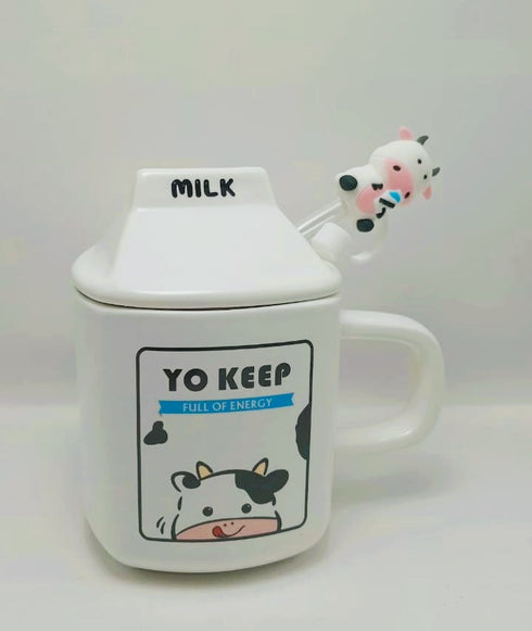 Modern 3D Cow Pattern Ceramic Mug with Lid and Glass Straw