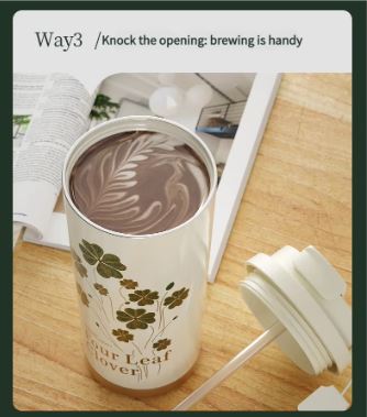 Four-Leaf Clover Insulated Coffee Tumbler – 500ml Stainless Steel Travel Mug with 2-Way Lid, Straw & Strap