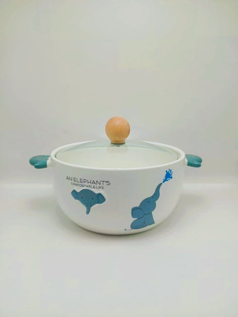 Cute Elephant Ceramic Ramen Bowl with Glass Lid & Wooden Knob