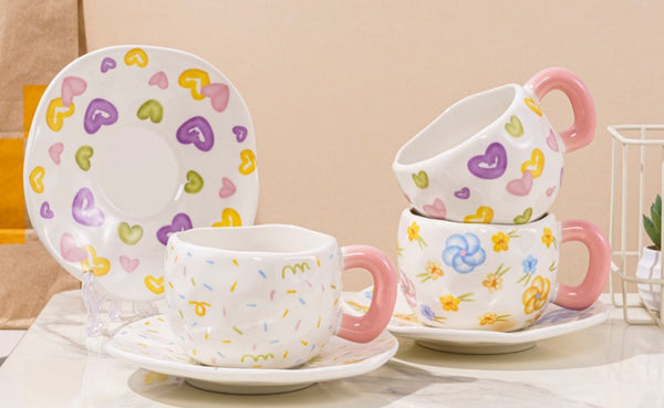 Heart & Flower Ceramic Mug and Saucer Set