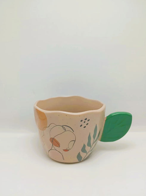 Artistic Ceramic "Lady Silhouette" Mug with Sculpted Leaf Handle