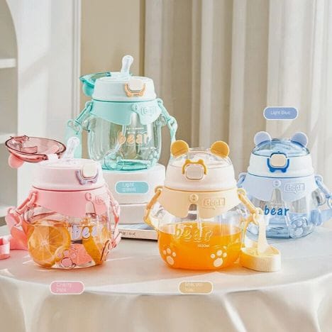 Kawaii Bear Water Bottle with Straw & Strap - 1000ml BPA-Free Big Belly Bottle for Kids & School