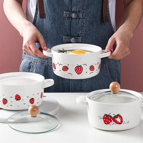 π Kawaii Strawberry Ceramic Soup & Noodle Bowl with Glass Lid