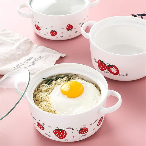 π Kawaii Strawberry Ceramic Soup & Noodle Bowl with Glass Lid