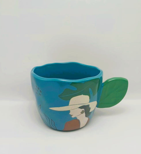 Artistic Ceramic "Lady Silhouette" Mug with Sculpted Leaf Handle