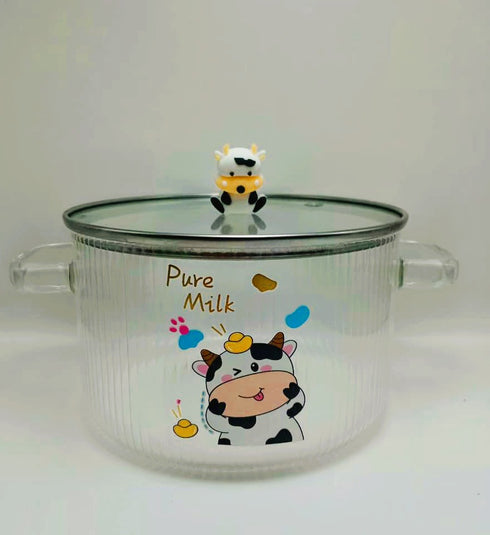 Cute Cow Print Glass Serving Bowl with Lid & Handles – 1650ml Large Aesthetic Ramen & Soup Bowl
