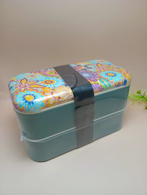 Japanese Bento Box – 2-Tier Stackable Lunch Box with Adjustable Divider, Elastic Strap & Airtight Floral Lid | Leakproof, Microwave Safe Eco-Friendly Food Container (1200ml)