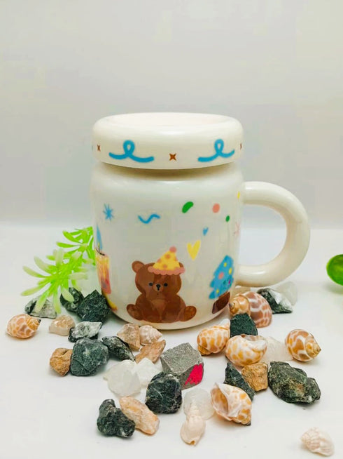 Cartoon Ceramic Mug with Lid - Adorable Bear, Rabbit & Cat Animal Designs