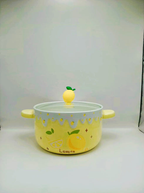 Kawaii Fruit Ceramic Ramen Bowl with Lid & Handles| 1000ml Soup & Noodle Pot