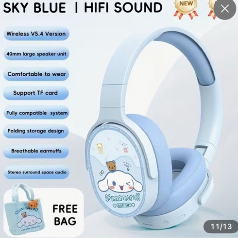 Sanrio Kids Wireless Headphones Set with Plush Bag & Gift Box – Bluetooth 5.4 HiFi Sound