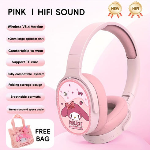 Sanrio Kids Wireless Headphones Set with Plush Bag & Gift Box – Bluetooth 5.4 HiFi Sound