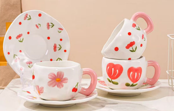Artisan Flower Mug with Saucer | Unique Ceramic Tea Set
